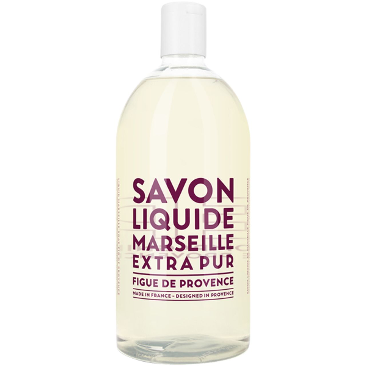 Transparente Flasche mit lila Schriftzug SAVON LIQUIDE MARSEILLE EXTRA PUR Figuier de Provence. Weißer Verschluss.