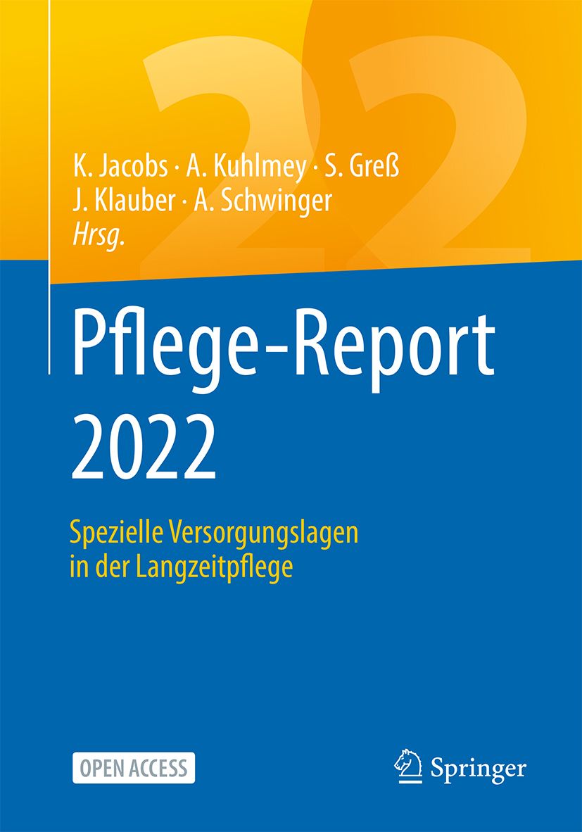 Buchcover des Pflege-Report 2022. Titel in Weiß auf blauem Grund. Autoren und Springer-Logo sichtbar.