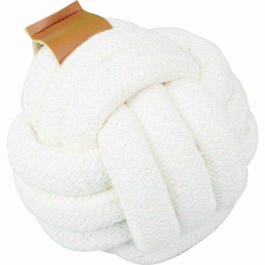 Weißer Baumwollknoten-Ball mit braunem Lederetikett. Knotenform, aus dickem Seil gefertigt.