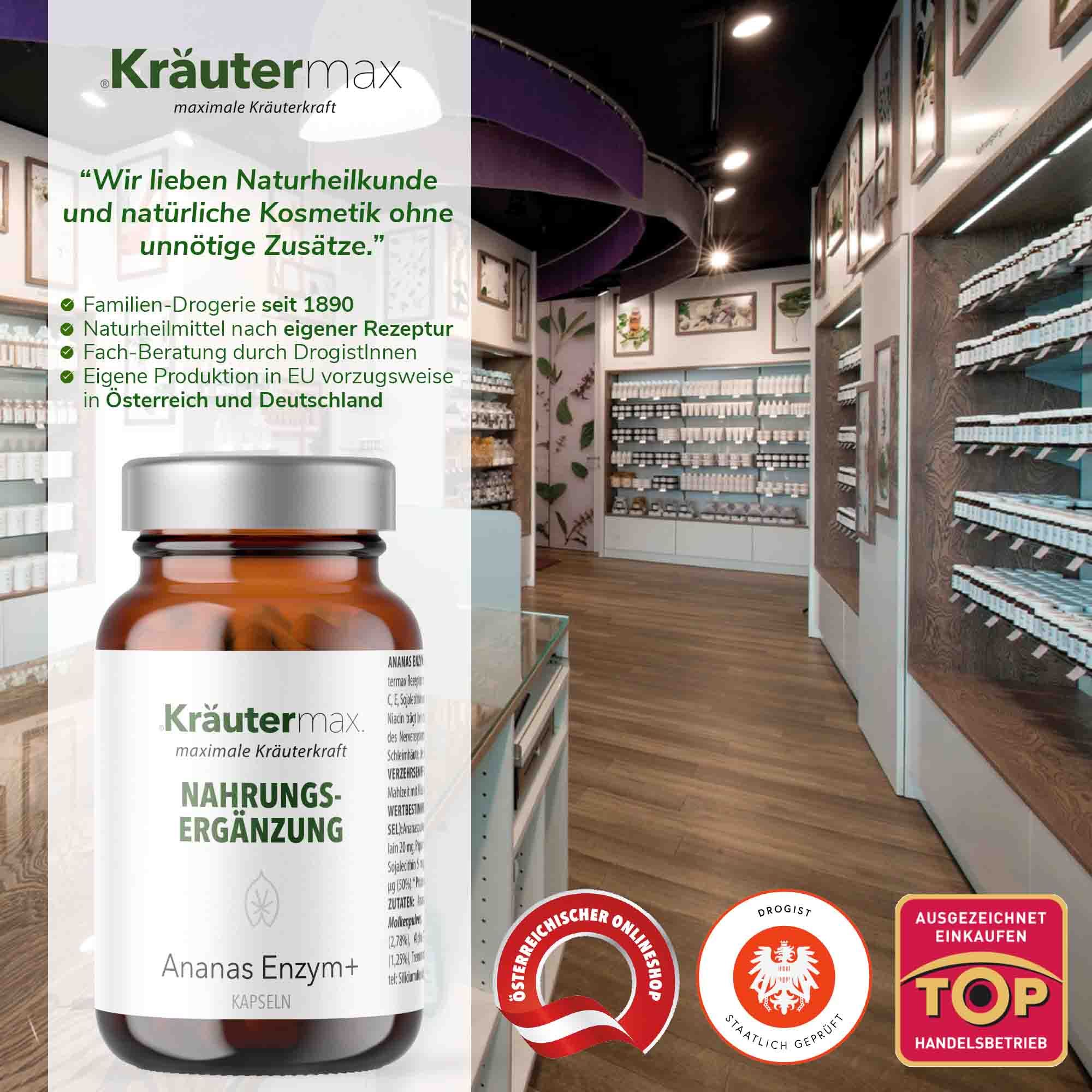 Produktflasche in einer Apothekenumgebung. Logo und Produktname auf dem Etikett. Mehrere Auszeichnungen.