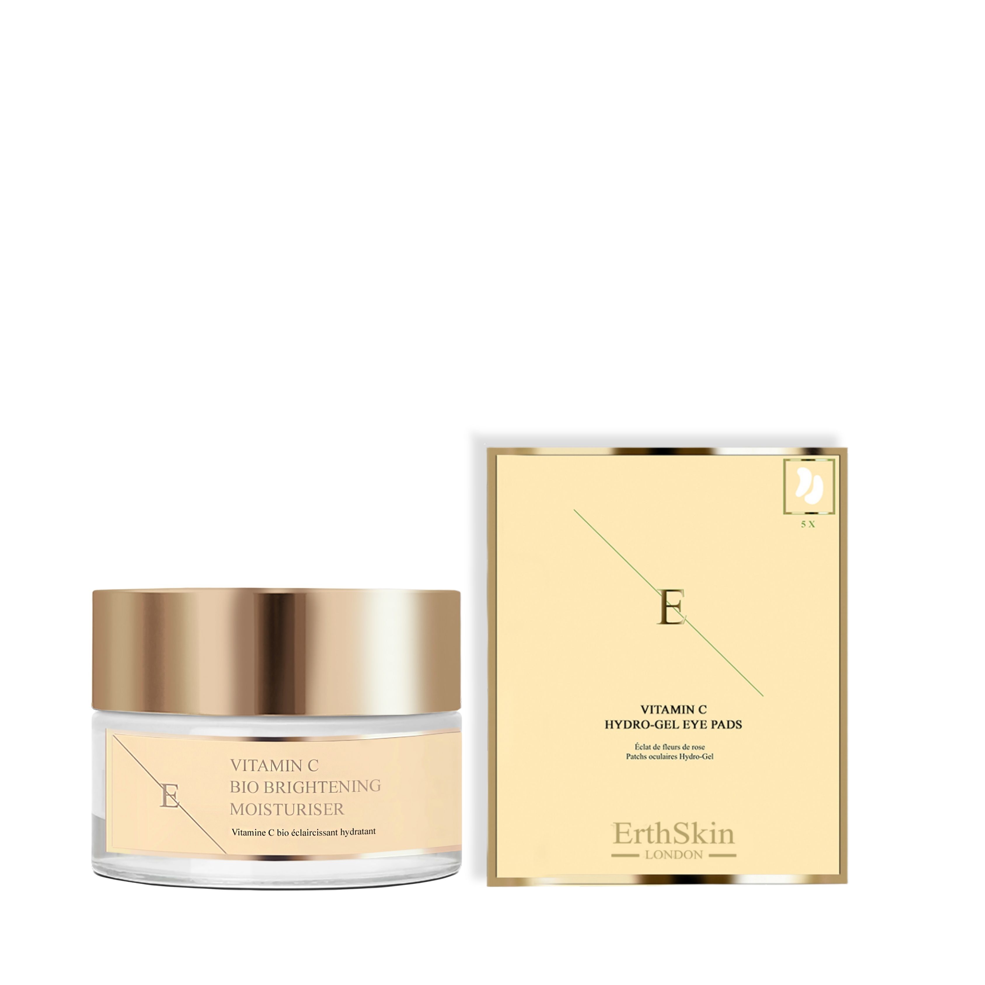 ErthSkin Bio Aufhellende Feuchtigkeitscreme und Vitamin C Hydro-Gel Augenpads in goldfarbener Verpackung.