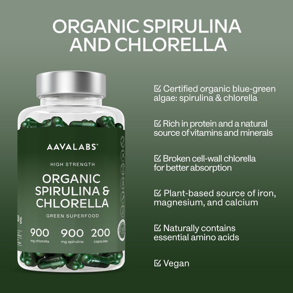 Produkt mit grünen Kapseln. Text: AAVALABS, Organic Spirulina & Chlorella. Vegan, reich an Vitaminen und Mineralien.
