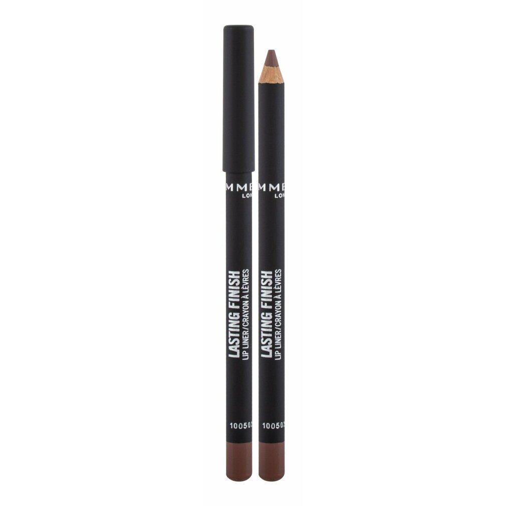 Zwei Lipliner-Stifte, einer mit Kappe. Schwarzer Schaft mit weißer Schrift. Braune Mine. Aufschrift: LASTING FINISH LIP LINER/CRAYON À LÈVRES.