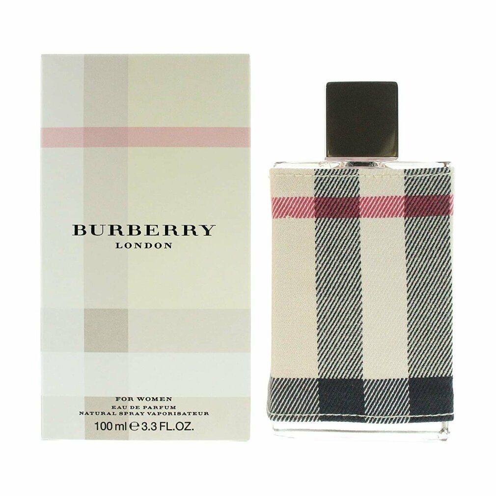 Burberry London Eau de Parfum für Damen. Flakon und Verpackung mit Karomuster. Schwarzer Verschluss.