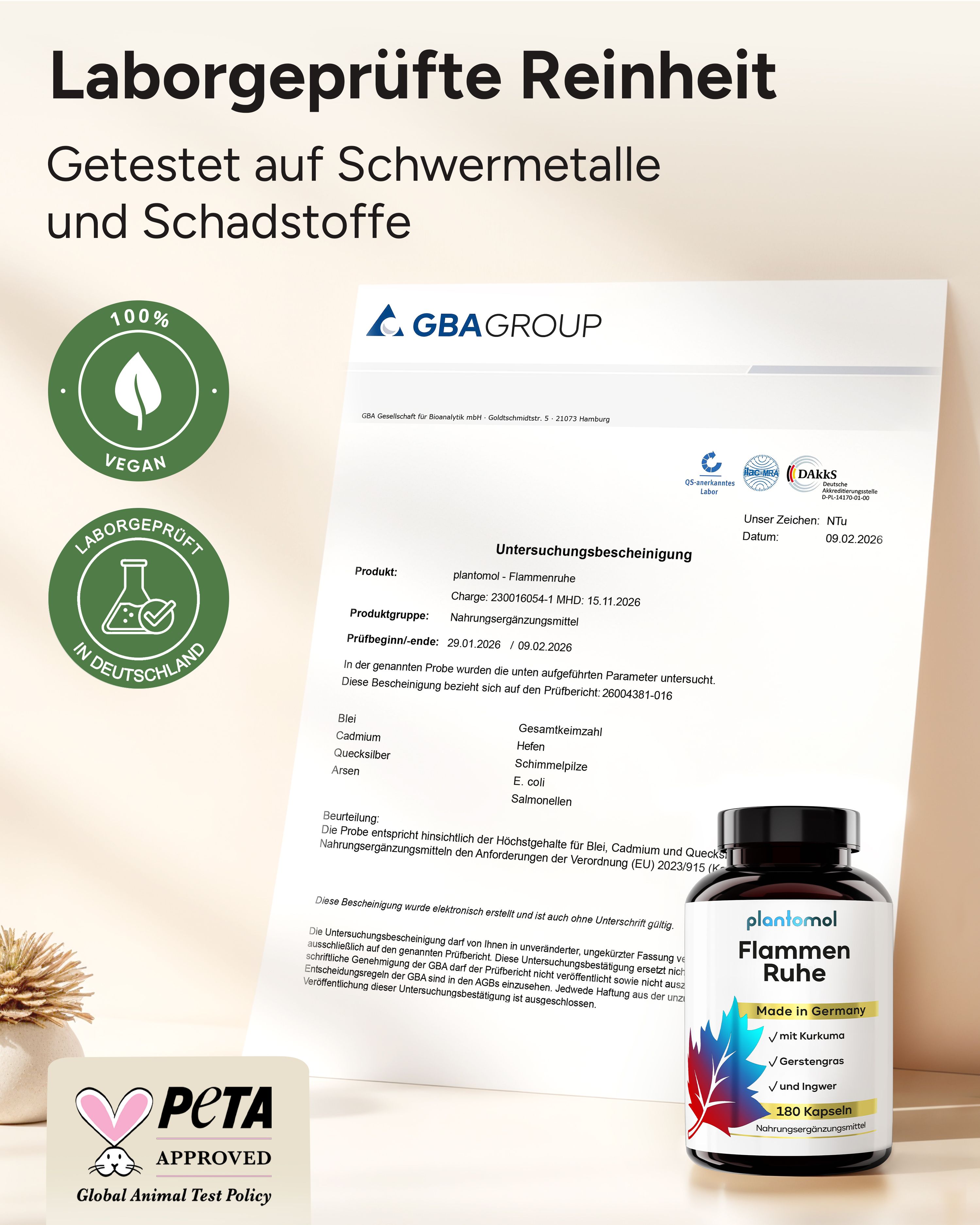 Zertifizierungen: 100% vegan, Laborgeprüft, PETA. Flasche mit plantomol Flammen Ruhe. Untersuchungsschein.