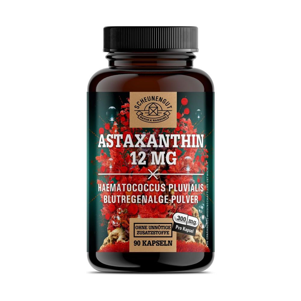 Braune Dose mit Astaxanthin 12mg Kapseln, 90 Stück. Rote Beeren und Algen-Muster.
