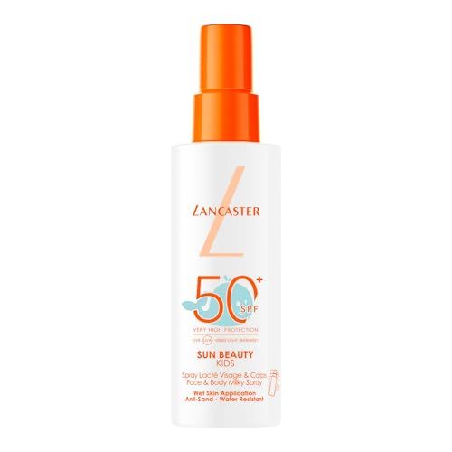Sonnencreme-Spray. Weiß mit orangefarbenem Sprühkopf. Aufschrift: Lancaster, Sun Beauty Kids, SPF 50. Für Gesicht & Körper.