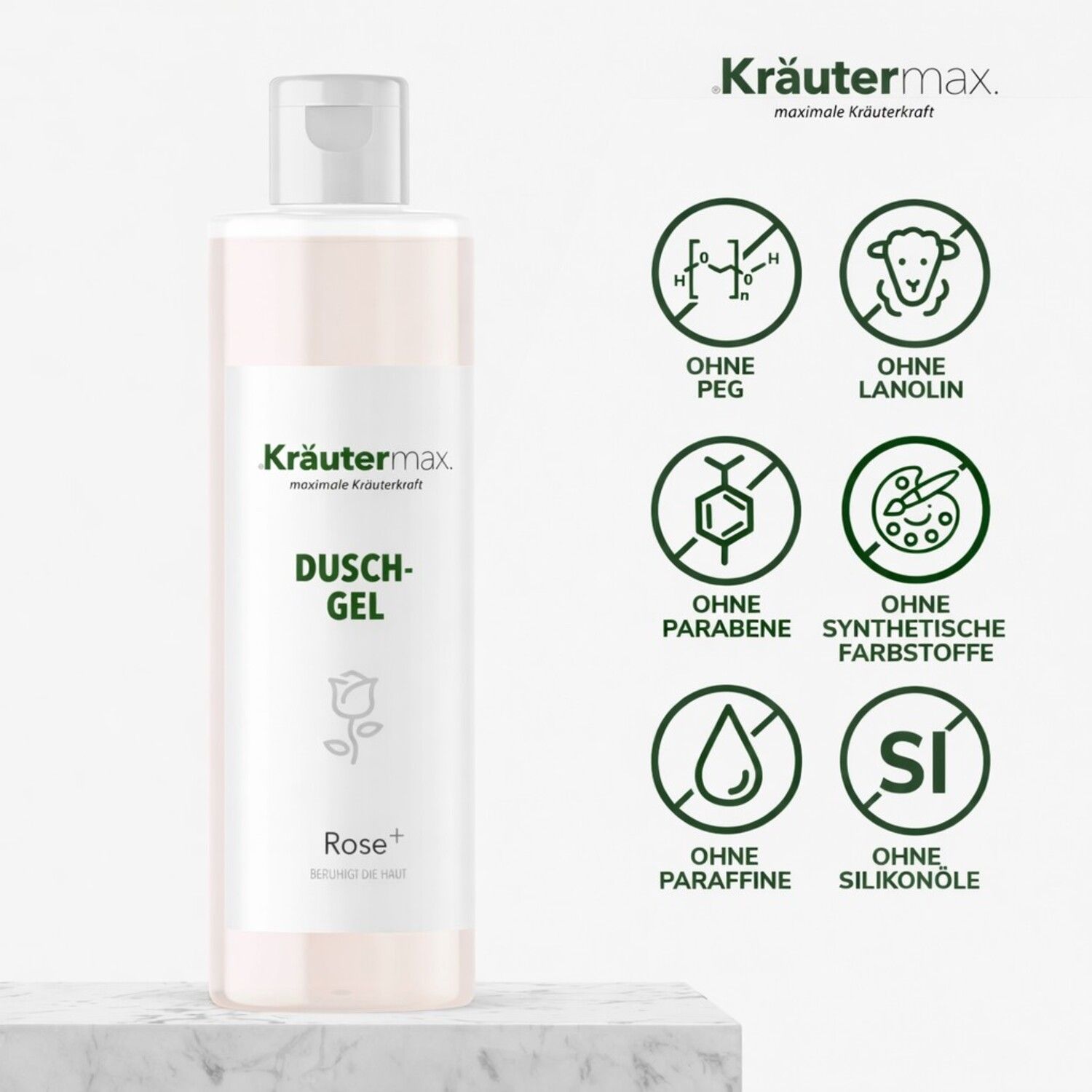 Duschgel-Flasche mit weißem Deckel. Aufschrift: Kräutermax Duschgel Rose+. Logos: Ohne PEG, Lanolin, Parabene, synthetische Farbstoffe, Paraffine, Silikonöle.