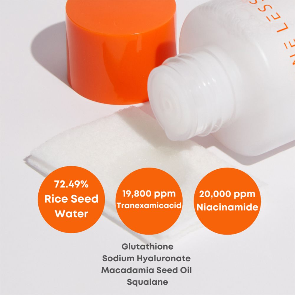 Nahaufnahme von Inhaltsstoffen: Reiswasser, Tranexamsäure, Niacinamid. Kreisförmige Etiketten. Flasche und Wattepad.