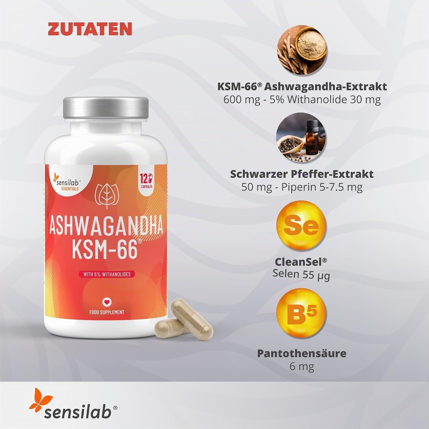 Sensilab Ashwagandha KSM-66: Zutaten KSM-66 Ashwagandha-Extrakt 600mg, Schwarzer Pfeffer-Extrakt, Selen, Pantothensäure.