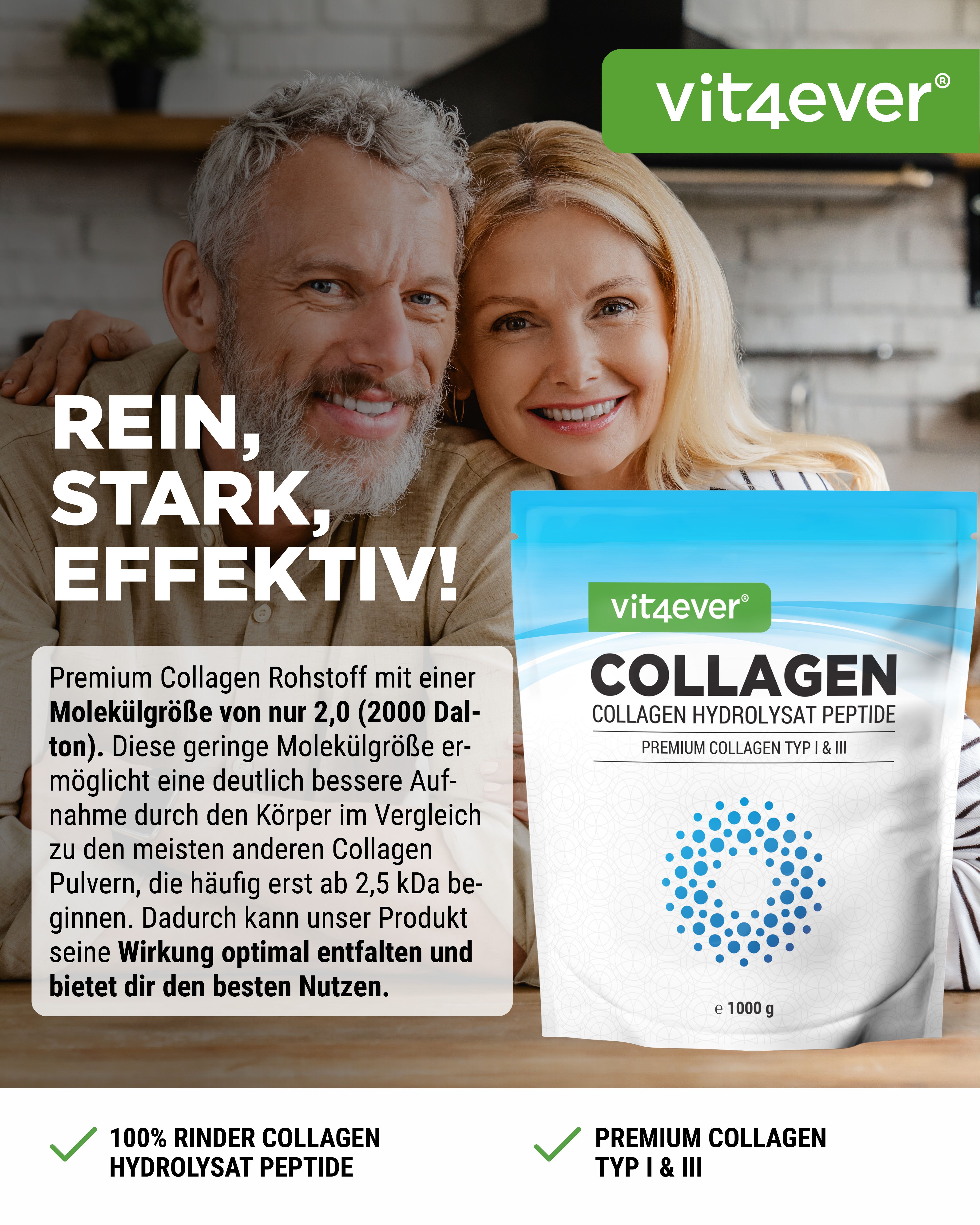 Beutel mit "vit4ever Collagen". Text: "REIN, STARK, EFFEKTIV!". Paar im Hintergrund. Aufschrift: "100% Rinder Collagen".
