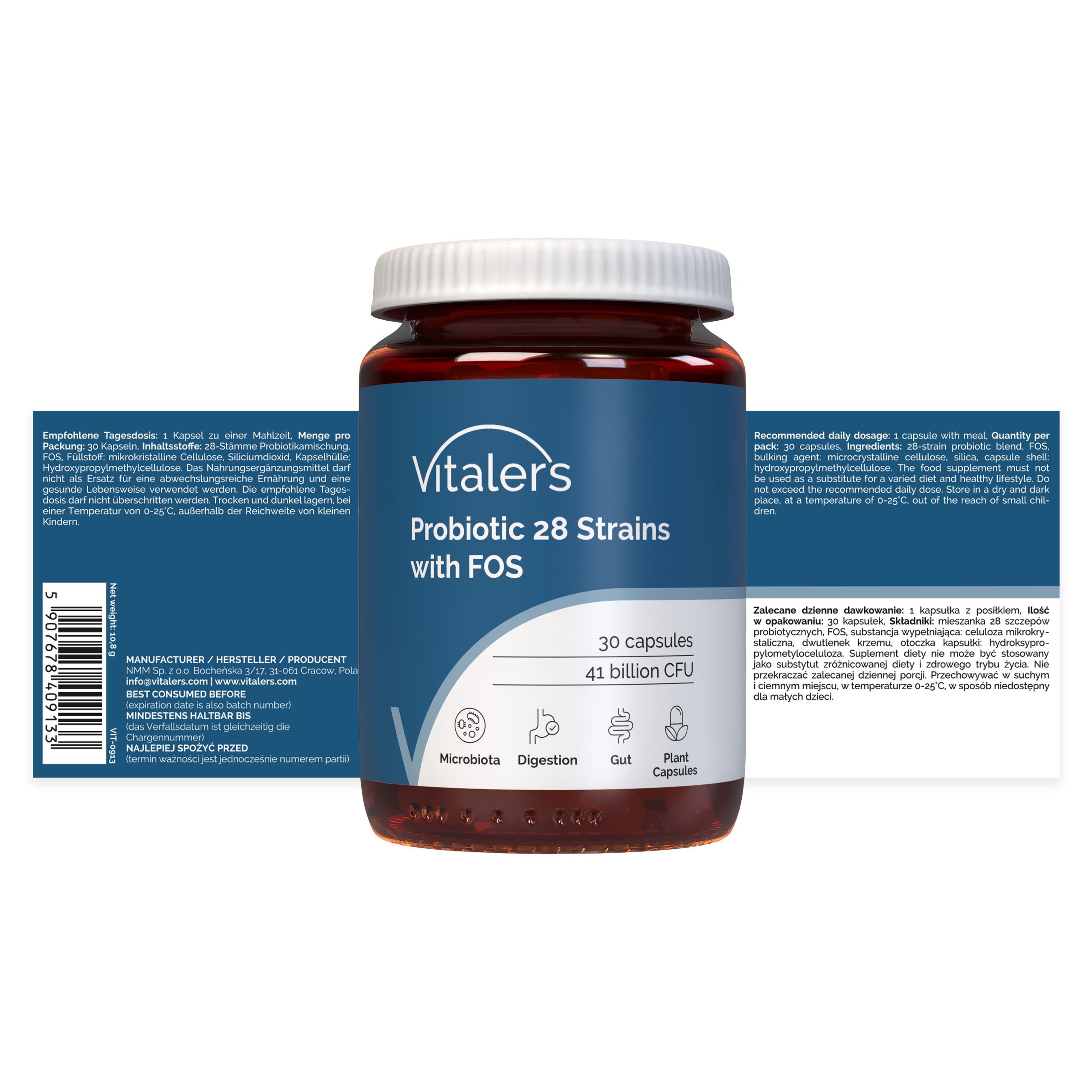 Vitaler’s Probiotikum 28 Stämme mit FOS: Flasche und ausgebreitete Kartonverpackung mit Rückseiteninformationen.