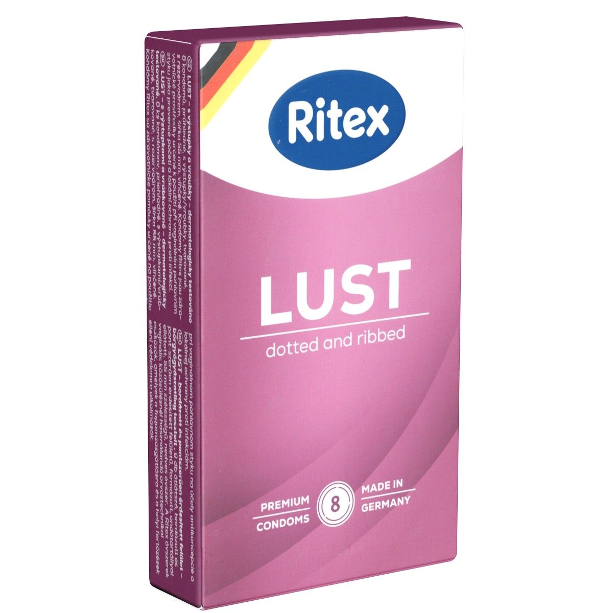 Verpackung von Kondomen. Aufschrift "Lust", "dotted and ribbed", "8 Premium Condoms", "Made in Germany". Marke: Ritex.
