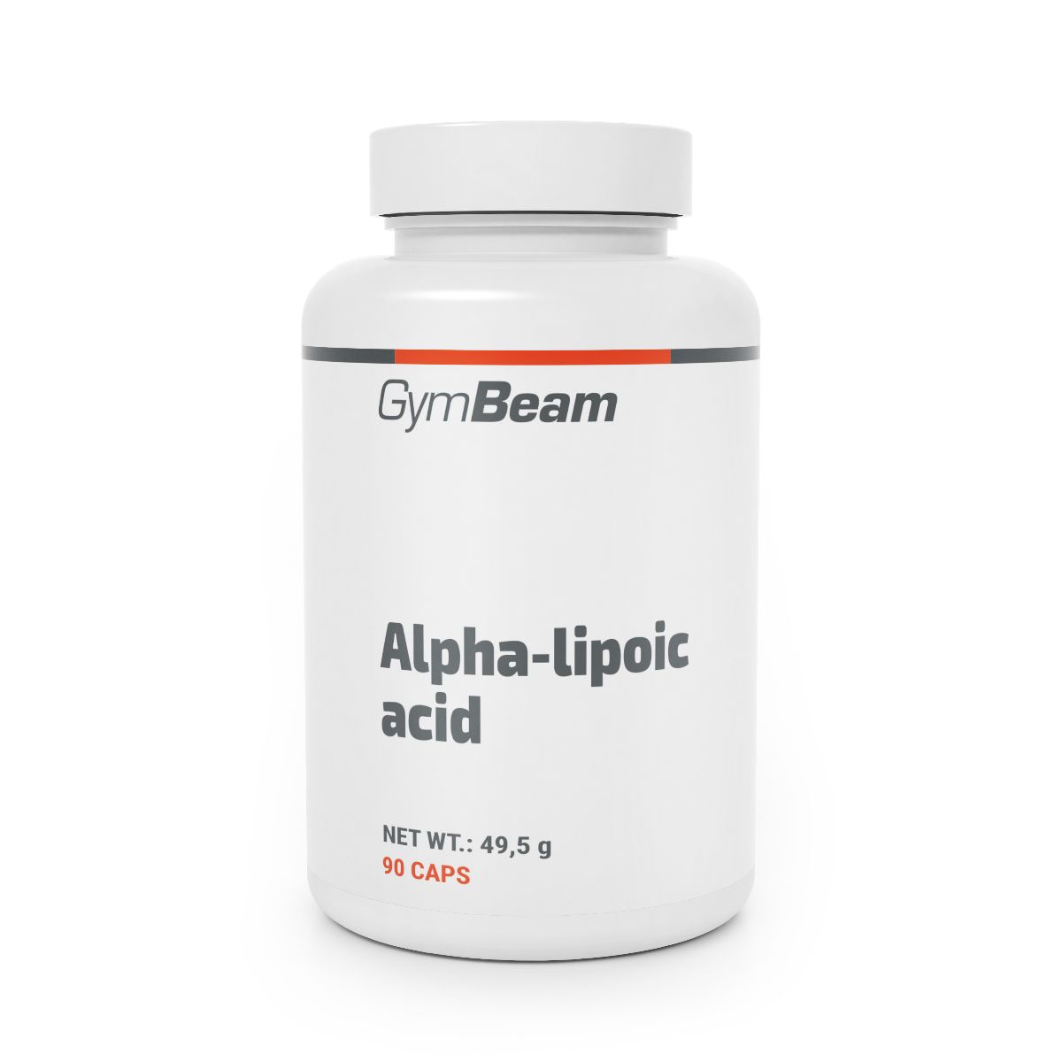 Weiße Dose mit GymBeam Logo, Alpha-Liponsäure Kapseln, 90 Stück.