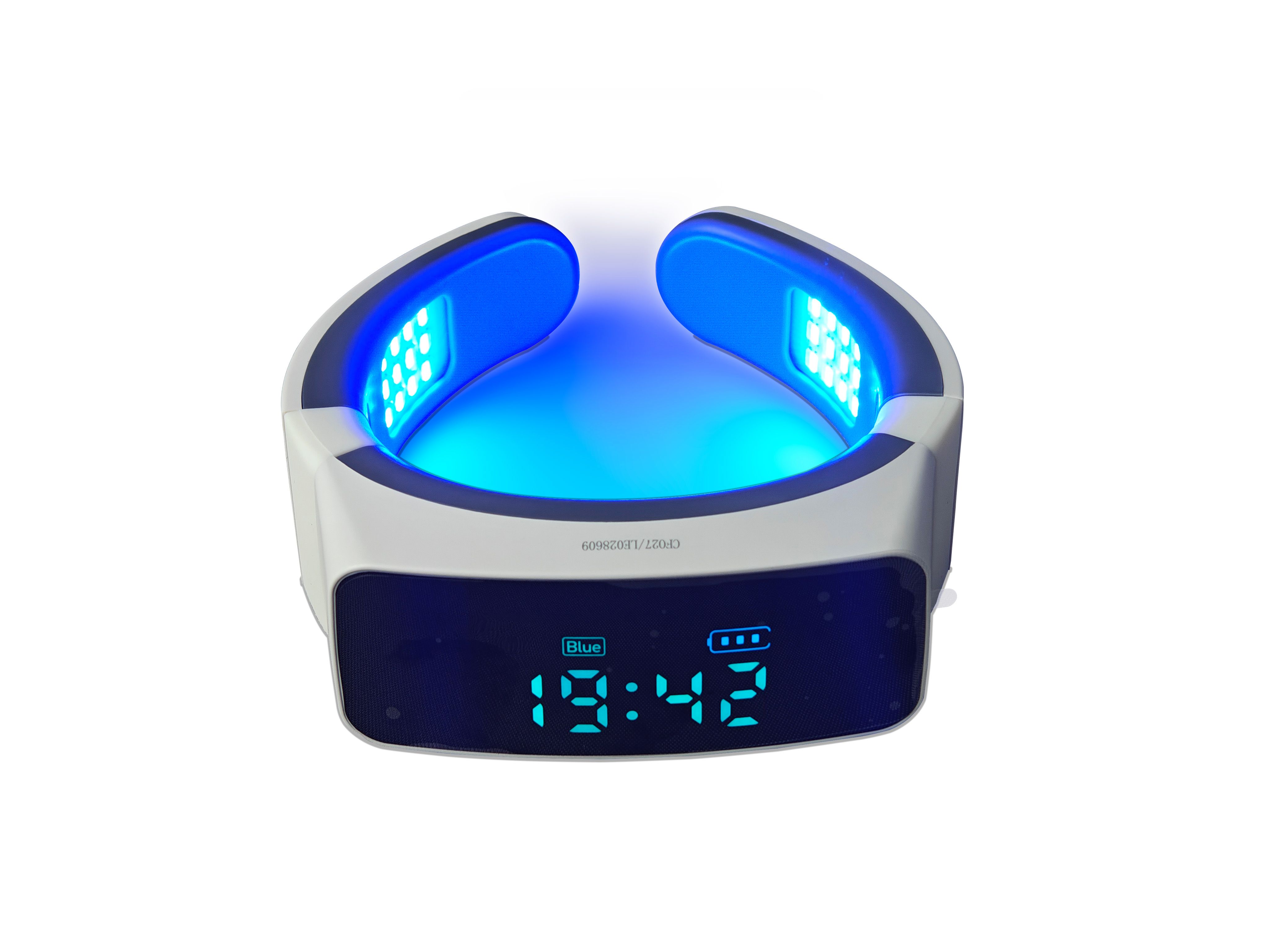 Nacken-LED-Therapiegerät. Weißes Gehäuse mit blauen LED-Leuchten. Digitalanzeige mit Uhrzeit 19:42 und Akku-Indikator.