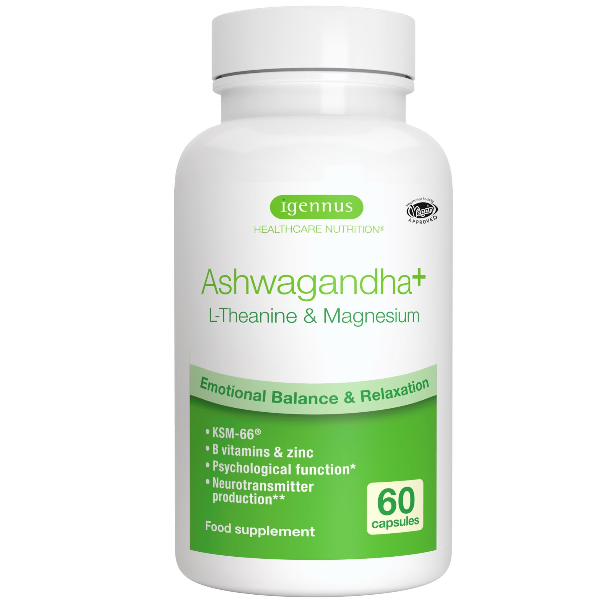 Weiße Dose mit Igennus Ashwagandha Kapseln, L-Theanin & Magnesium. 60 Kapseln.