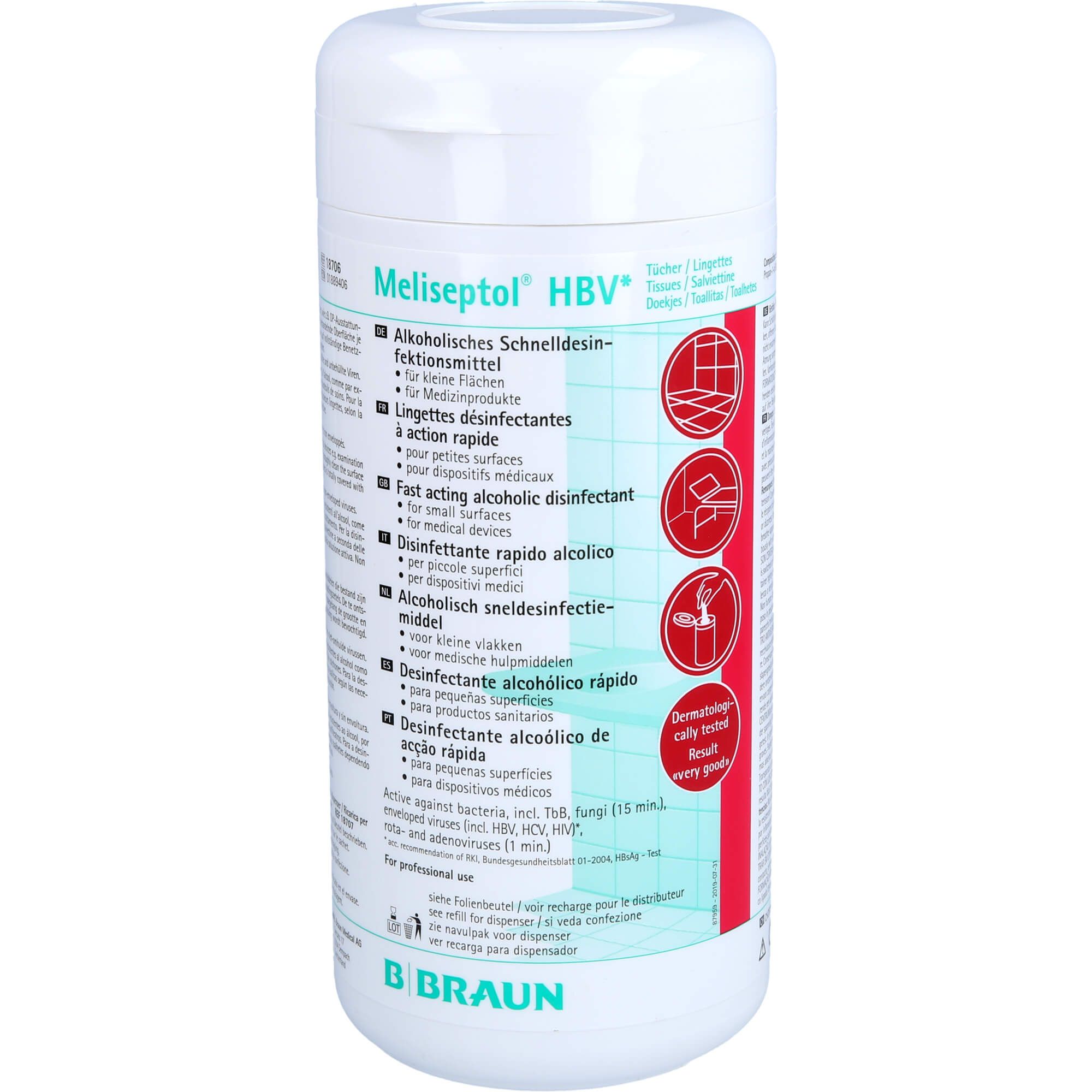 B. Braun Meliseptol HBV Desinfektionstücher Spenderflasche mit Etikett.