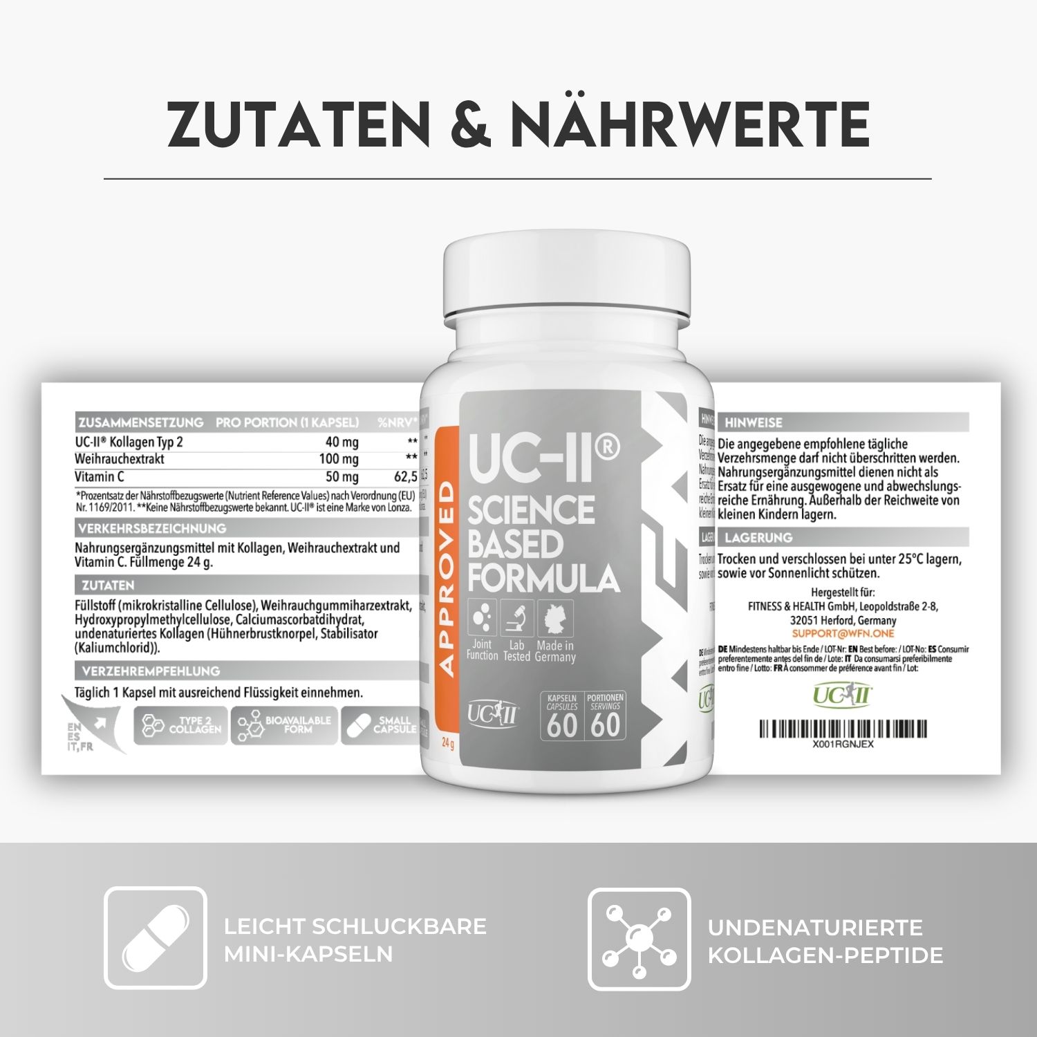 Flasche mit Kapseln und Beipackzettel. Aufschrift: UC-II, Science Based Formula, Approved. 60 Kapseln. Text: Zutaten & Nährwerte.