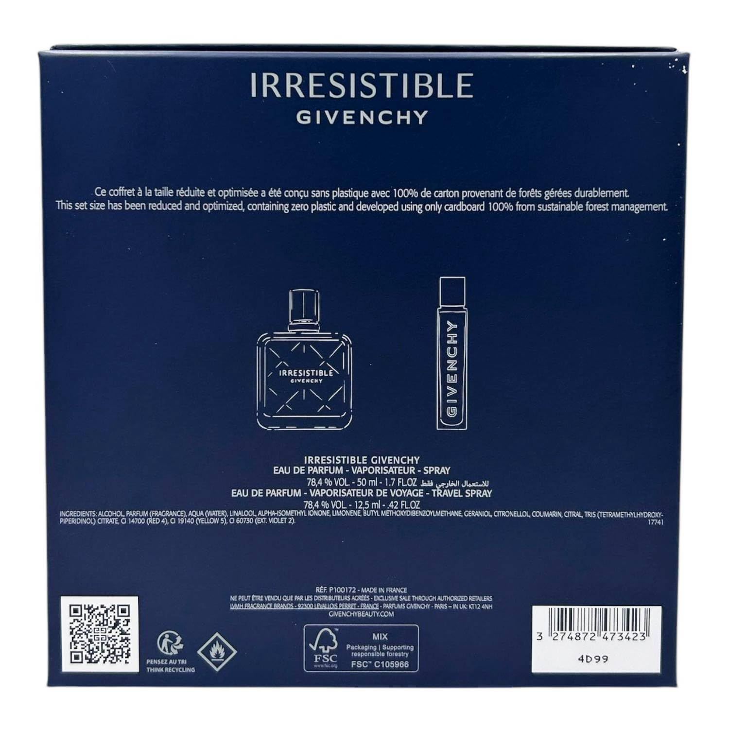 Dunkelblaue Verpackung mit Produktabbildungen und Text. Enthält zwei Flakons. Text: Irresistible Givenchy, Eau de Parfum, Travel Spray.