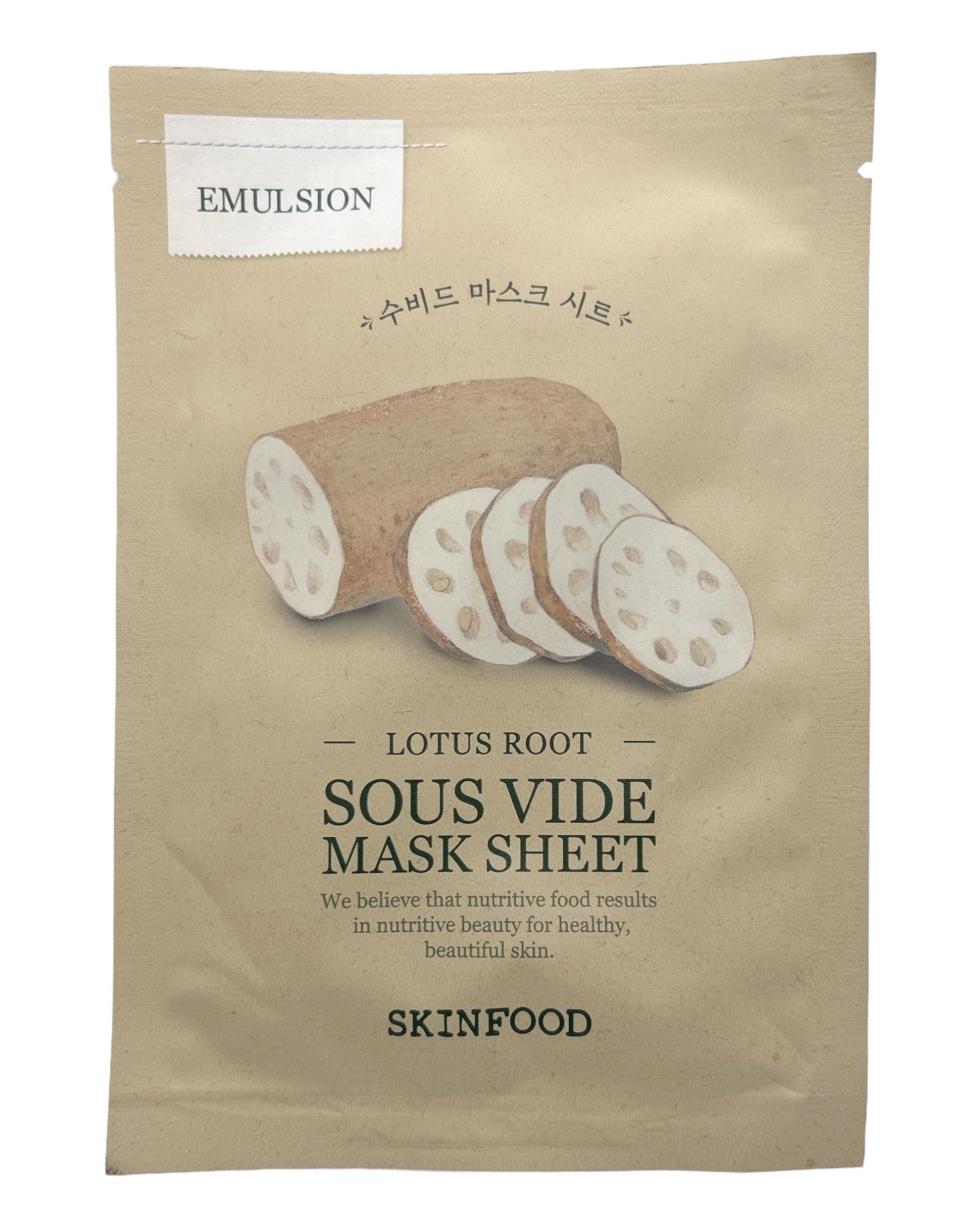 Beutel mit SKINFOOD Sous Vide Mask Sheet. Abbildung von Lotuswurzel und Scheiben. Text: Lotus Root, Sous Vide Mask Sheet, Emulsion.