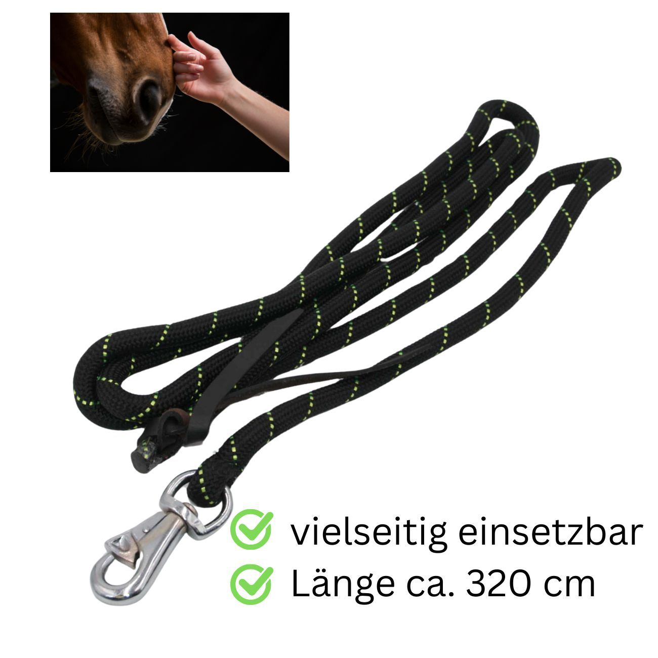 Schwarzes Führseil mit Bull Snap Karabiner, ca. 320 cm lang. Mit grünen Akzenten. Vielseitig einsetzbar.