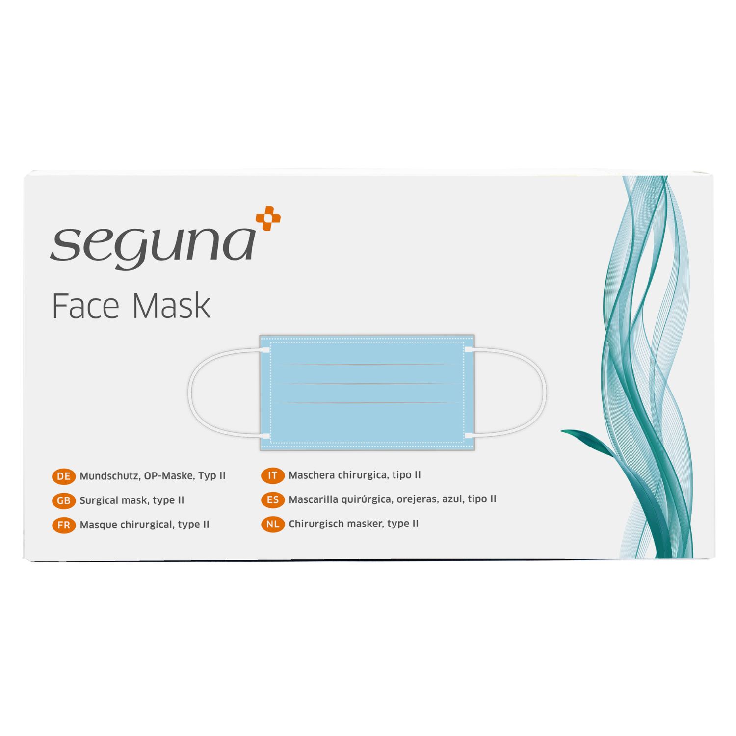Verpackung mit Mundschutz. Marke: seguna. Aufschrift: Face Mask. Blaue OP-Maske abgebildet.