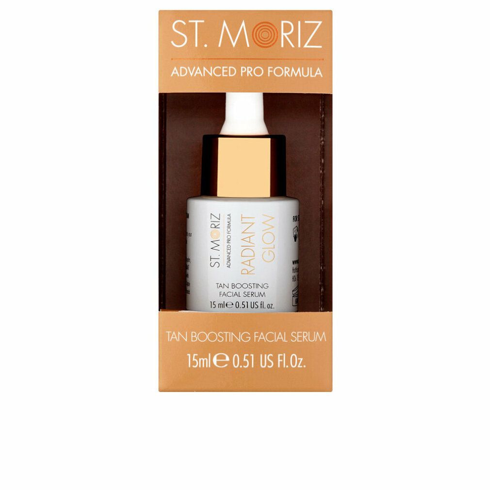 Gesichtsserum in Verpackung. Flasche mit goldener Kappe. Text: St. Moriz, Radiant Glow, Tan Boosting Facial Serum.