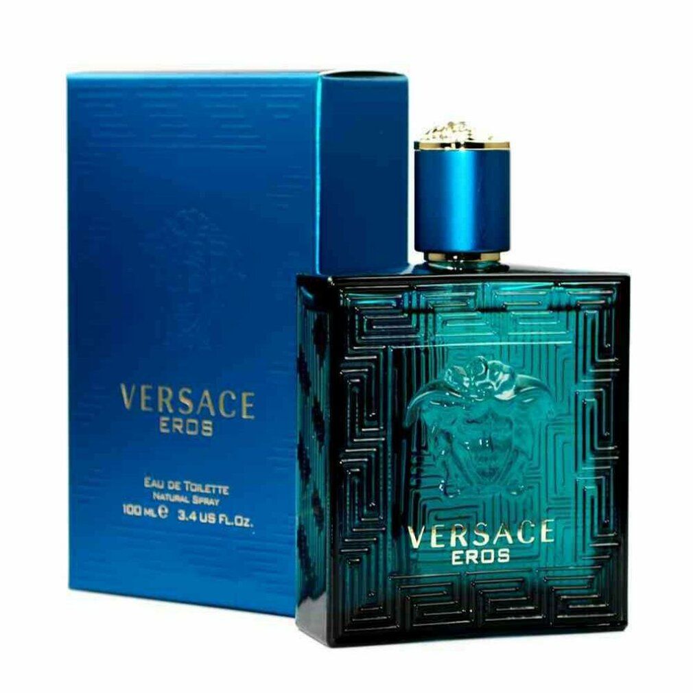 Türkisfarbene Flasche und Verpackung. Aufschrift: VERSACE EROS. Medusa-Relief. Blauer Verschluss.