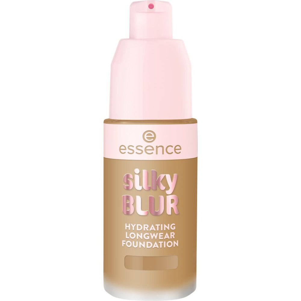 Foundation-Flakon mit rosa Pumpkopf. Aufschrift: Silky Blur, Hydrating Longwear Foundation. Marke: essence.