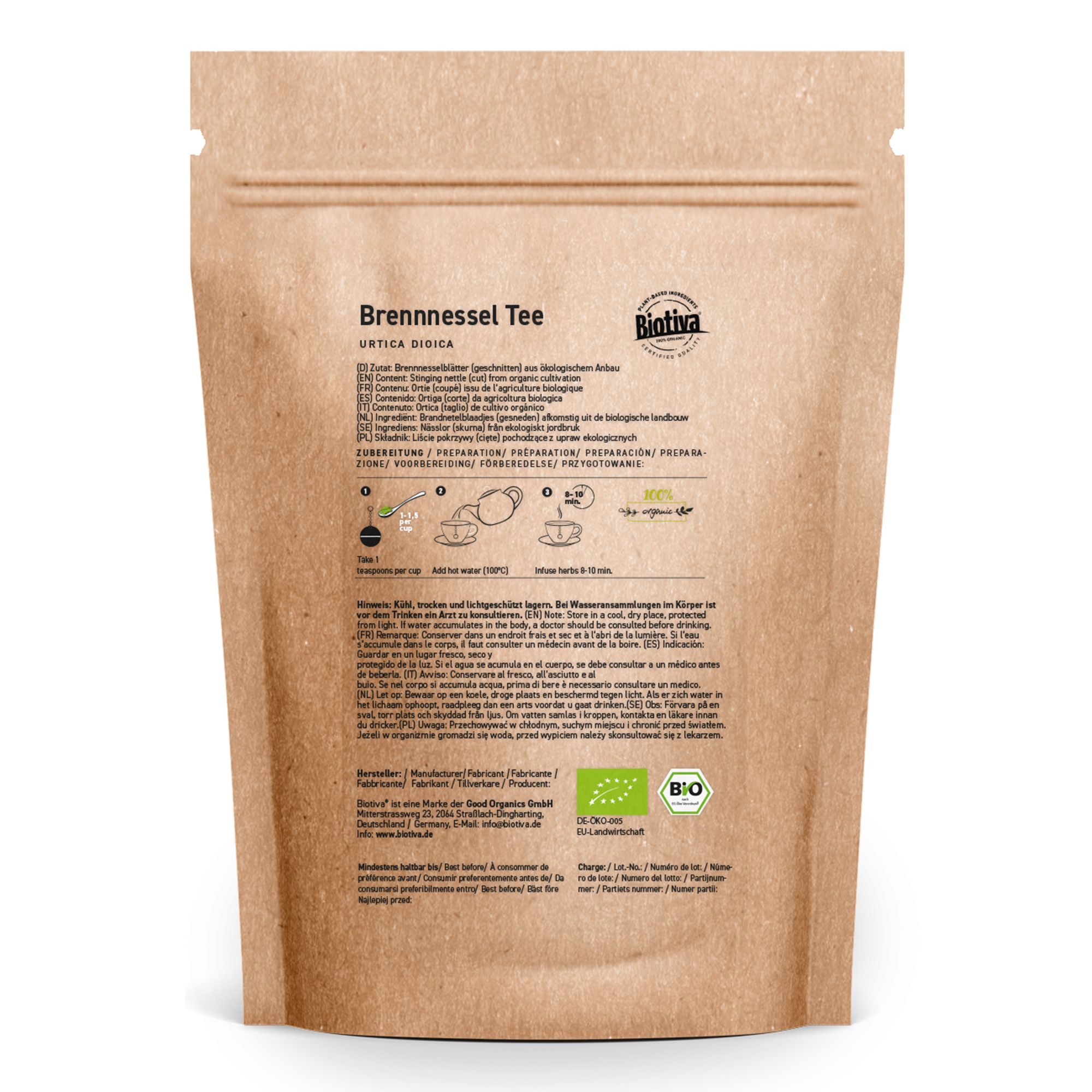 Brennnessel Tee von Biotiva in brauner Verpackung. Rückseite mit Informationen und Bio-Zertifizierung.