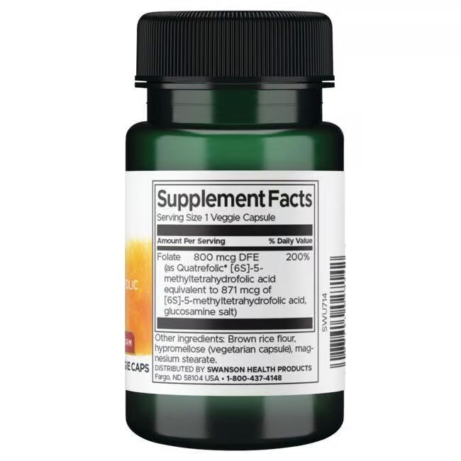 Rückseite der grünen Flasche. Etikett mit "Supplement Facts" und Inhaltsangaben. Text: "SWANSON HEALTH PRODUCTS".