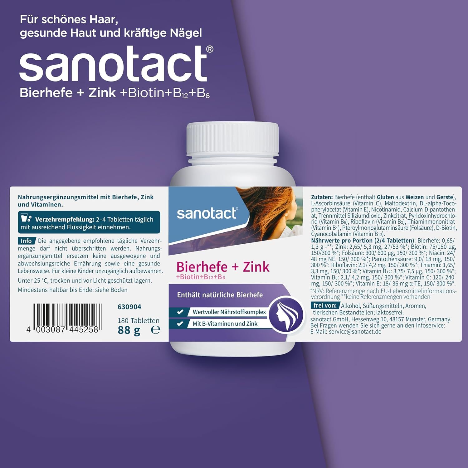 Weiße Flasche mit sanotact Bierhefe + Zink Tabletten. Aufschrift: Für schönes Haar, gesunde Haut und kräftige Nägel. Enthält Biotin, B12 und B6.