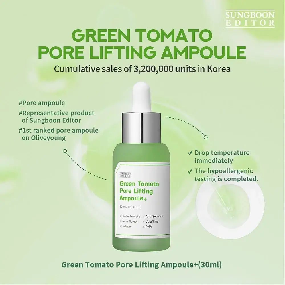 Grünes Serumfläschchen mit Text: Green Tomato Pore Lifting Ampoule+. Verkaufszahlen in Korea.