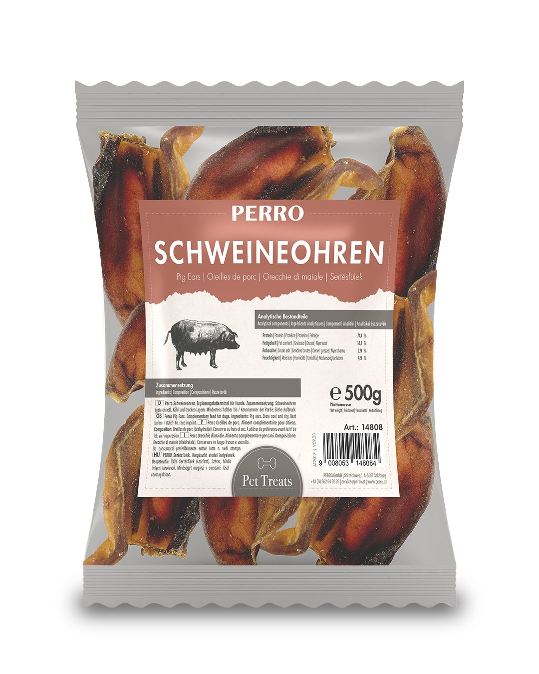 Verpackung mit Schweineohren für Hunde. Marke PERRO. Text: Schweineohren, Pig Ears, 500g. Abbildung eines Schweins.
