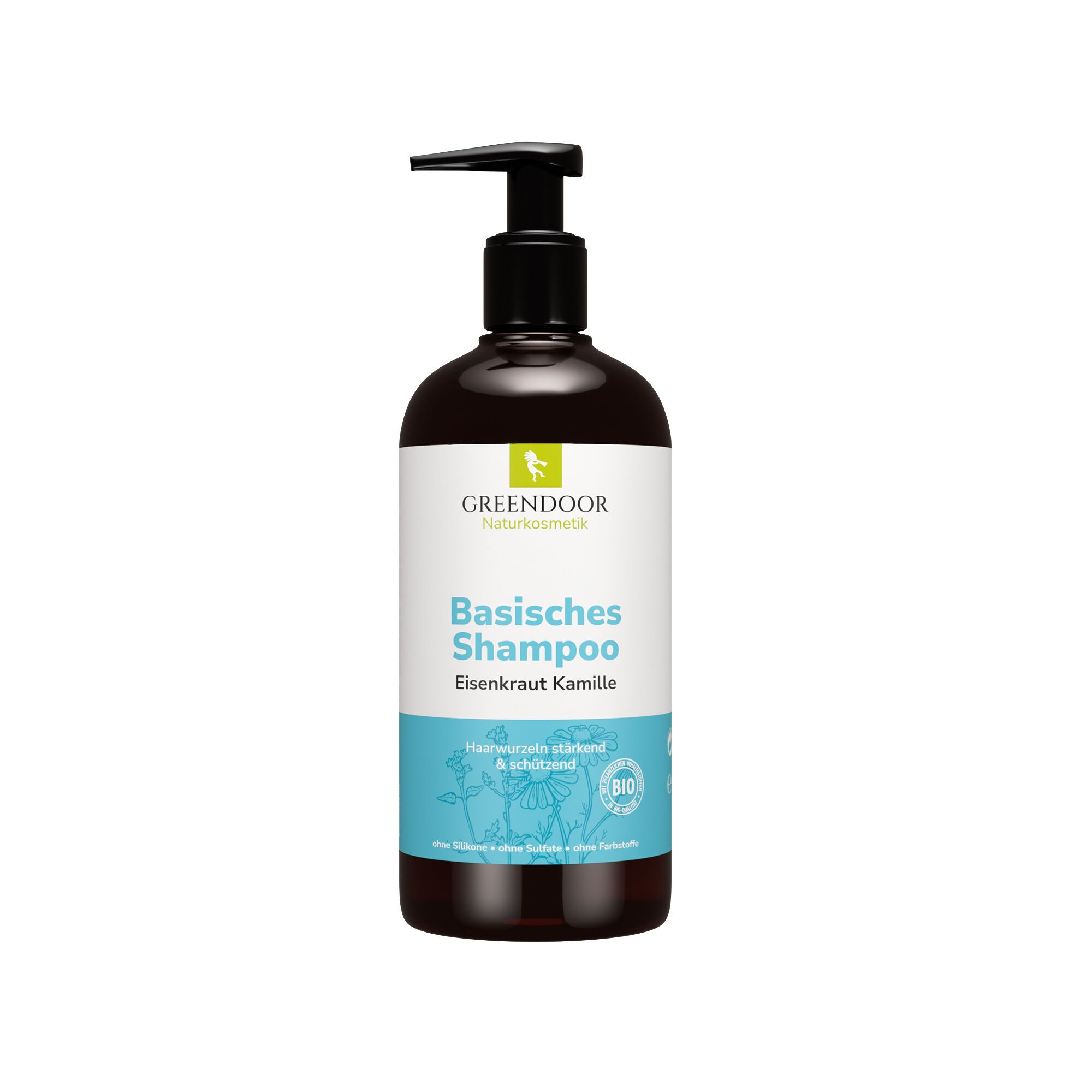 Braune Flasche mit schwarzem Pumpkopf. Aufschrift: GREENDOOR Basisches Shampoo Eisenkraut Kamille. Bio-Siegel.
