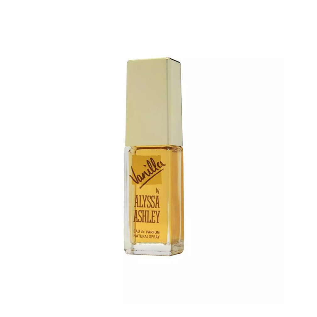 Alyssa Ashley Vanilla Eau de Parfum Natural Spray. Eckiger Flakon mit goldfarbenem Verschluss. Aufschrift: Vanilla by Alyssa Ashley. 50 ml.