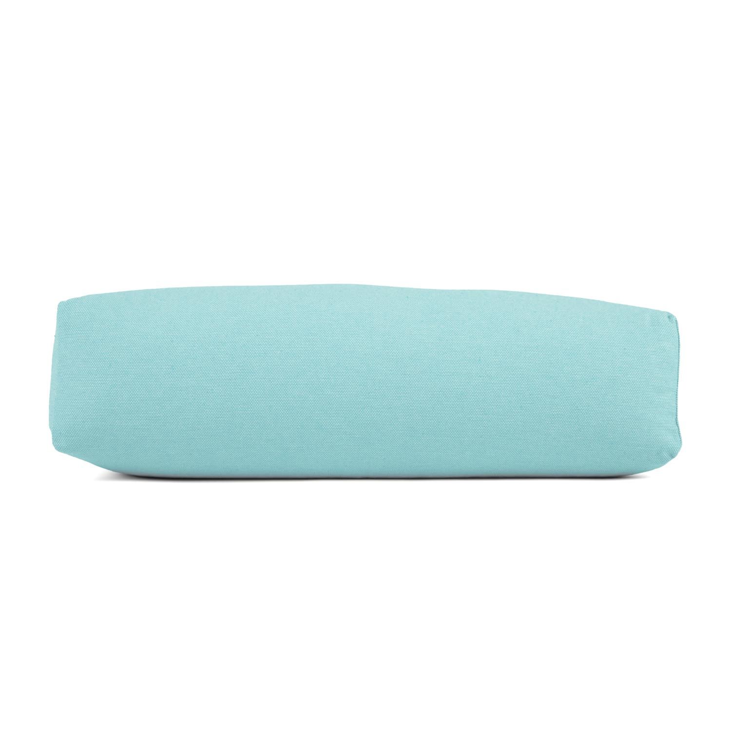Türkisfarbener Yoga Bolster, Seitenansicht, rechteckige Form.