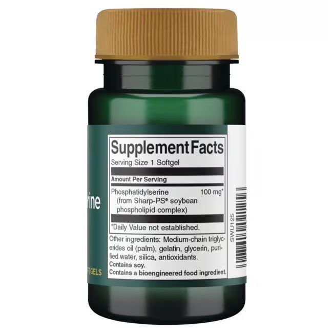 Rückseite der grünen Flasche. Etikett mit Nährwertangaben. Enthält Phosphatidylserin 100 mg. Weitere Inhaltsstoffe sind aufgelistet.