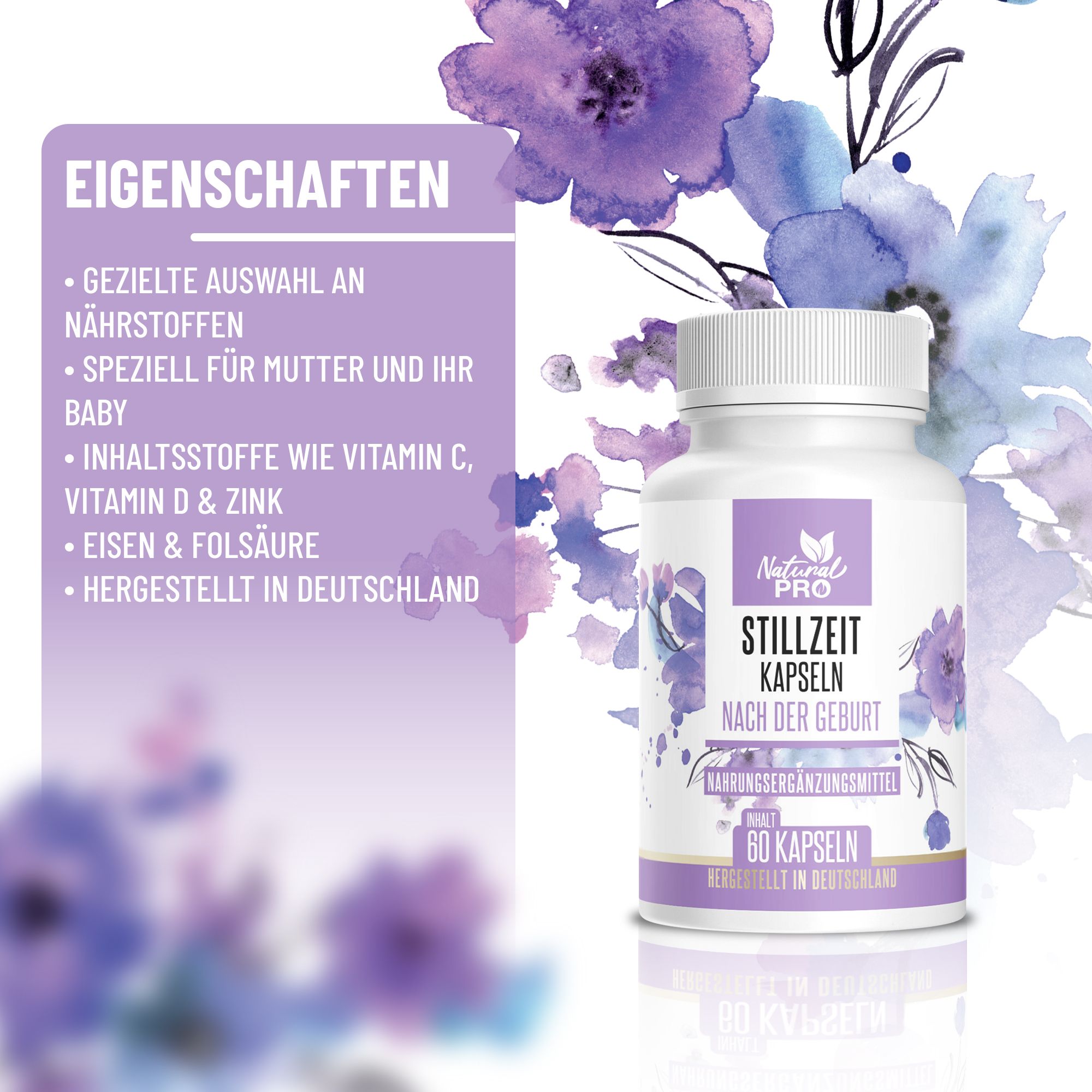 Eigenschaften: Gezielte Nährstoffauswahl, speziell für Mutter und Baby. Inhaltsstoffe wie Vitamin C, D, Zink.