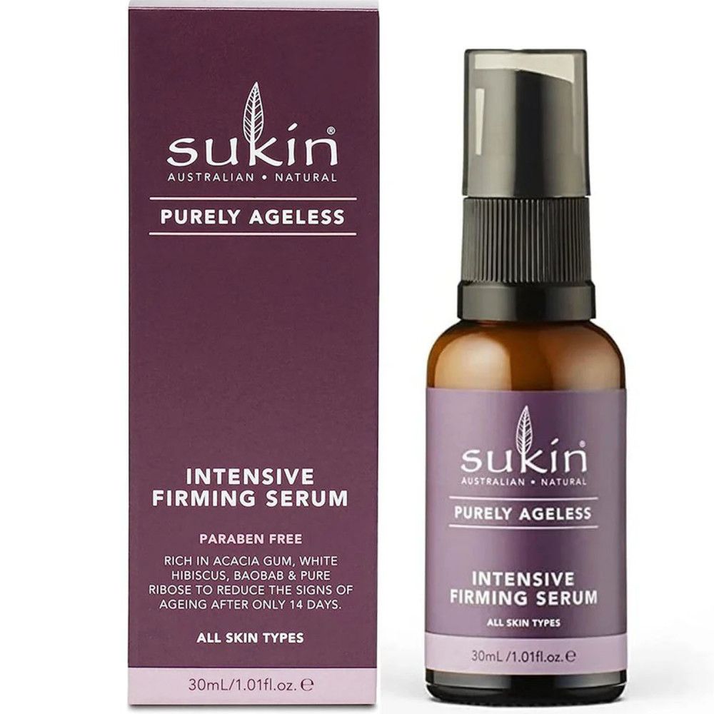 Produktverpackung und Flasche. Aufschrift: Sukin Purely Ageless Intensive Firming Serum. Mit Karton.