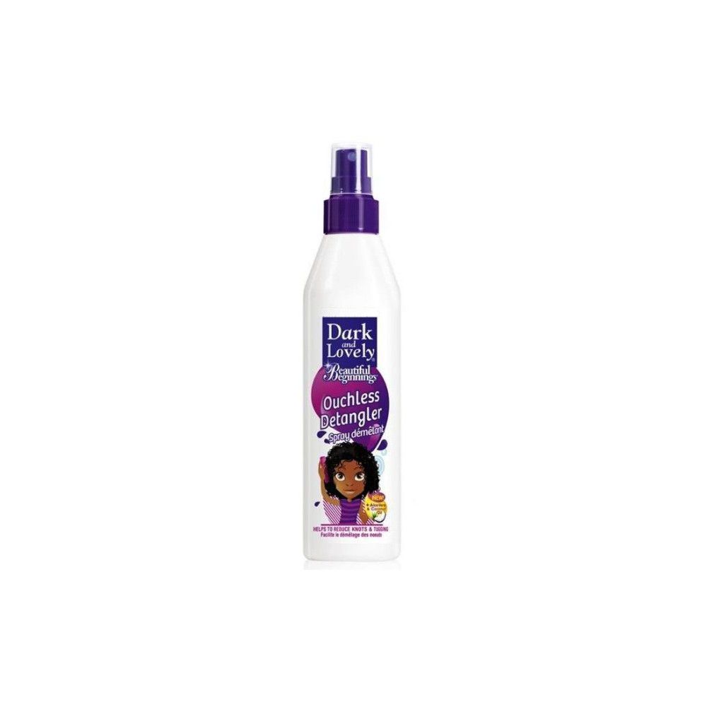 Weiße Flasche mit lila Sprühkopf. Aufschrift: Dark & Lovely Beautiful Beginnings Ouchless Detangler. Abbildung eines Mädchens.