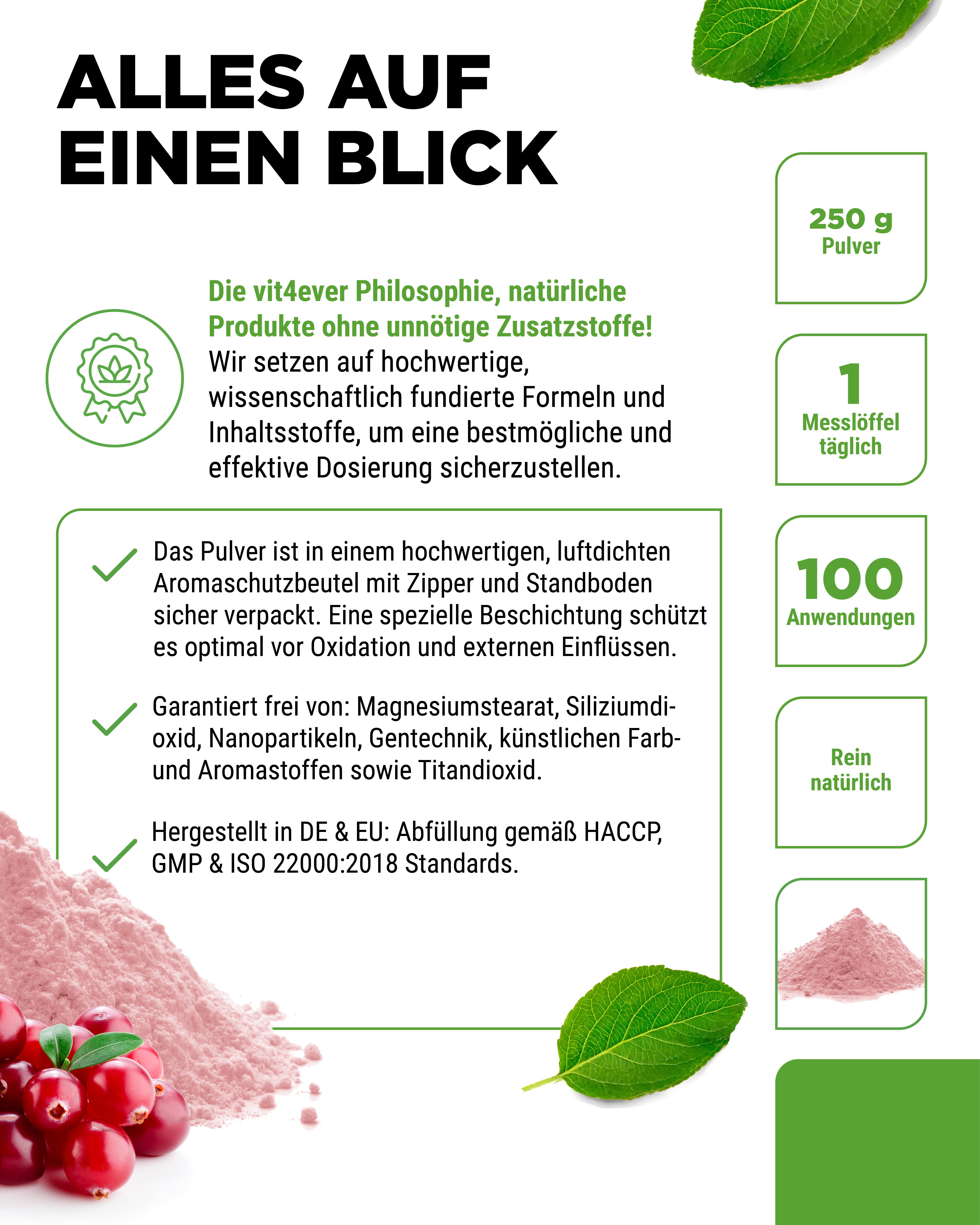 Beutel D-Mannose Plus mit Cranberry-Extrakt. Aufschrift: vit4ever, 100% vegan. Enthält 250g Pulver. 100 Anwendungen. Hergestellt in DE & EU.