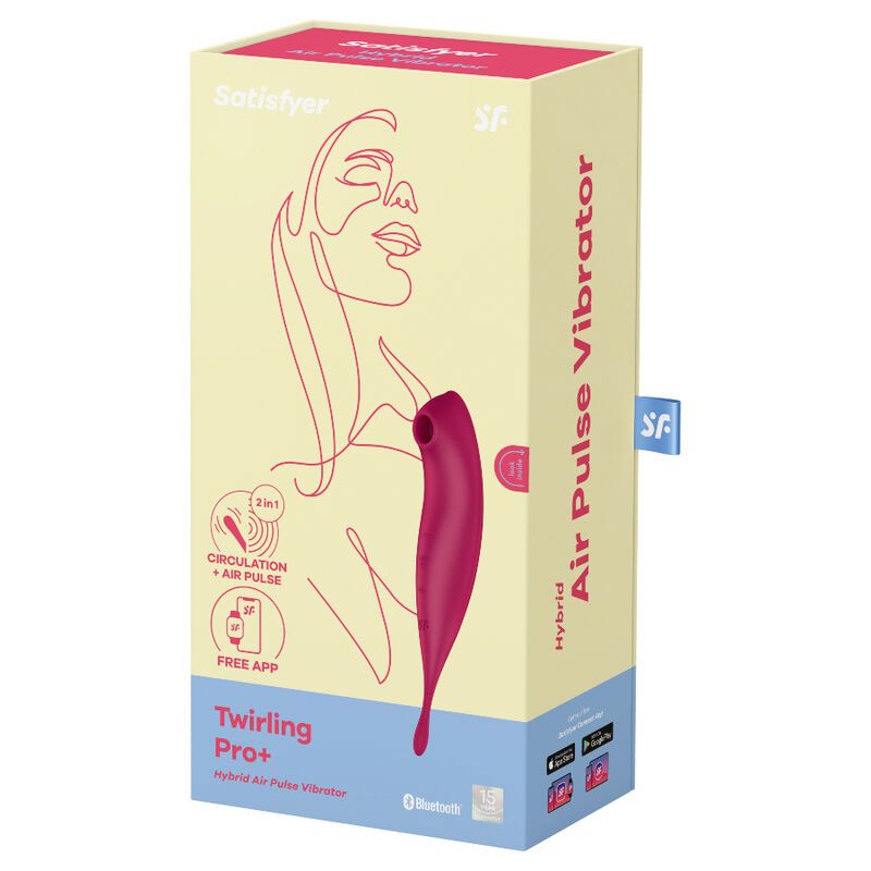 Verpackung des Satisfyer Twirling Pro+ Air Pulse Vibrators mit Produktabbildung und Details.
