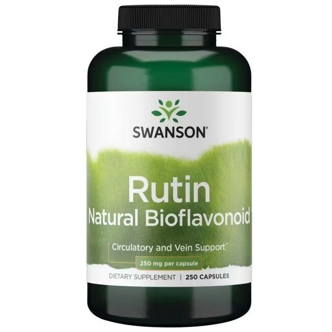 Grüne Flasche mit weißem Etikett. Aufschrift: SWANSON Rutin Natural Bioflavonoid. 250 mg pro Kapsel. 250 Kapseln.