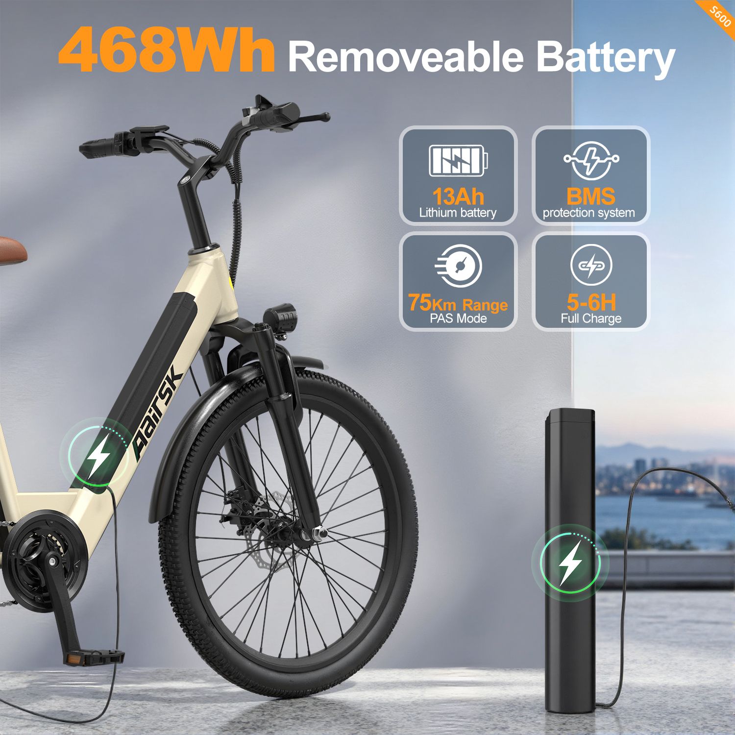 Elektrofahrrad mit abnehmbarem Akku. Beschriftung: 468Wh Akku, 13Ah Lithium-Batterie, 75km Reichweite, 5-6h Ladezeit.