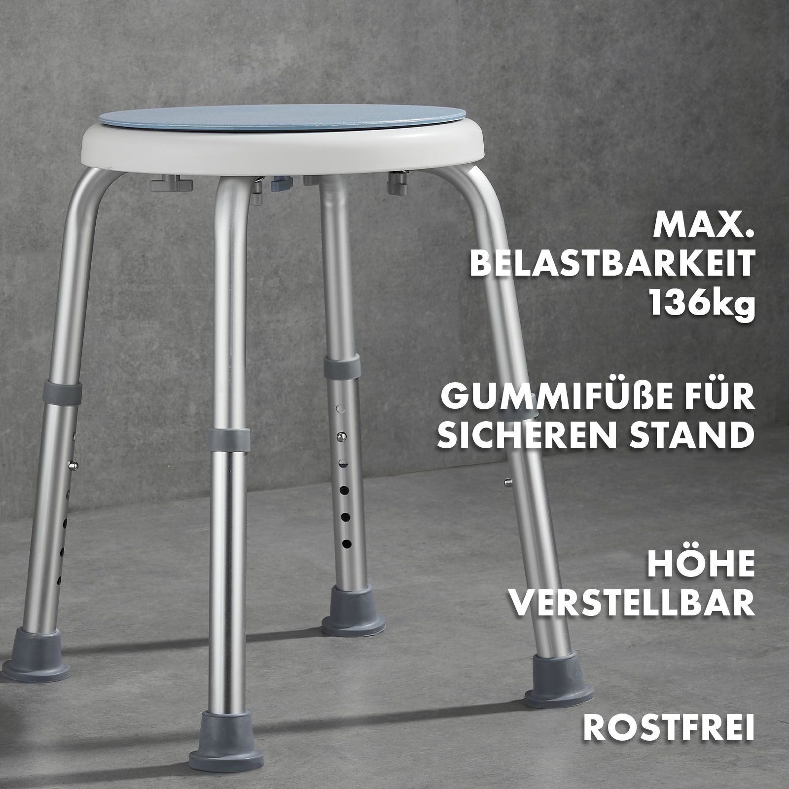 Duschhocker mit blauem Sitz, Aluminiumbeinen, Gummifüßen. Text: Max. Belastbarkeit 136kg, Gummi Füße für sicheren Stand, Höhe verstellbar, rostfrei.