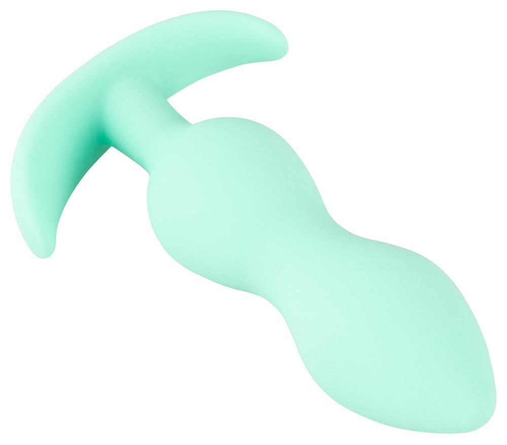 Hellgrüner Analplug mit T-förmiger Basis. Material: Silikon. Form: konisch, mit zwei Ausbuchtungen.