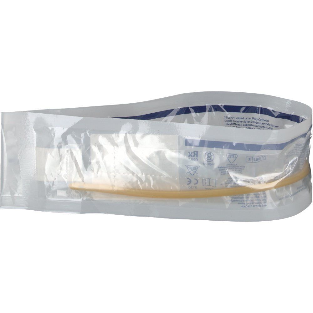 Verpackter Katheter. Der Katheter ist gelb und in einer transparenten Verpackung eingeschweißt. Blaue Streifen und Text sind sichtbar.