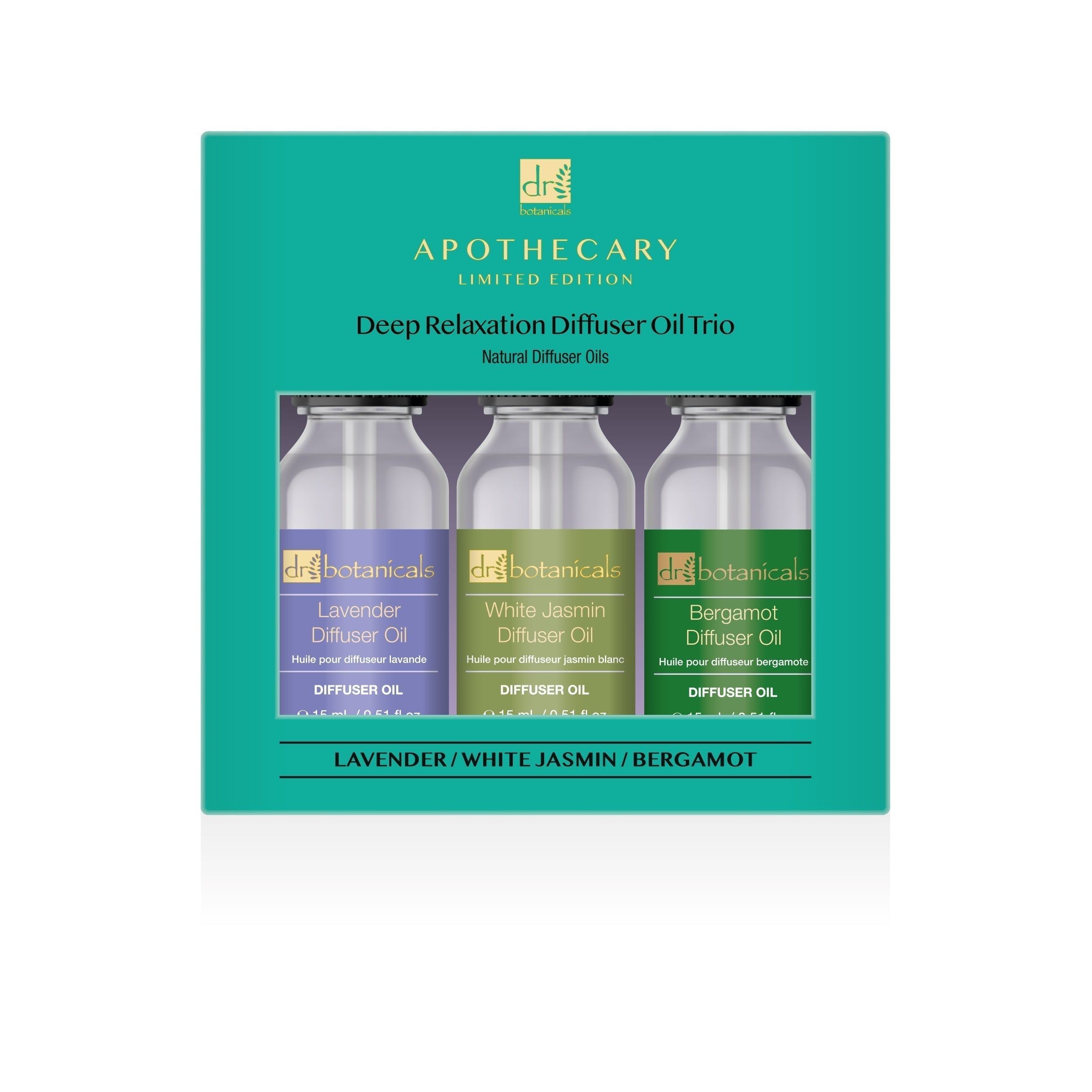 Trio-Set Diffuser-Öle in grüner Verpackung. Enthält drei Flaschen mit Etiketten: Lavendel, Jasmin, Bergamotte.