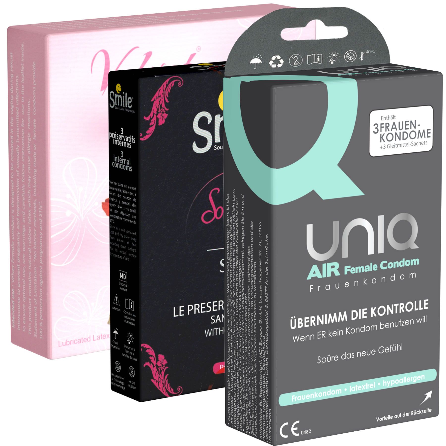 Drei Schachteln Kondome. Eine rosa, eine schwarze und eine graue Schachtel. Auf der grauen Schachtel steht "UNIQ AIR Female Condom".